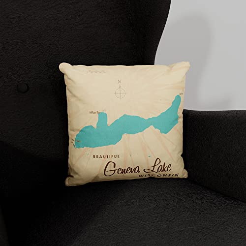 Geneva Lake Wisconsin Map Canvas Throw Pillow for Couch or Sofa at Home & Office by Lakebound 18" x 18".
