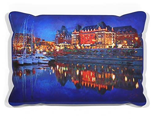 Empress Hotel At Night (Victoria, BC) Canvas Throw Pillow for Couch or Sofa at Home & Office from Artwork by Artist Lisa Sofia Robinson 13" x 19".