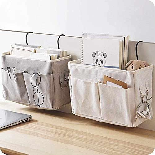 FYY Bedside Caddy, Bedside Hanging Organizer with 4 Pockets and 2 Hooks for Bunk and Hospital Beds, College Dorm Rooms Bed Rails, Can be Placed Bottle, Books, Mobile Phones, Tablets, Keys Grey