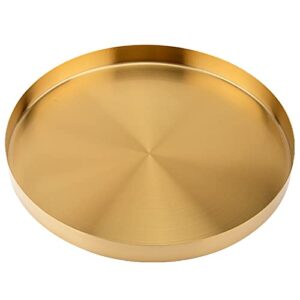 14 inch gold round metal decorative tray, mirror finish golden serving tray platter with 1” wall, brass circle table tray gorgeous bar tray accents dresser perfume bottle tray for display exxacttorch