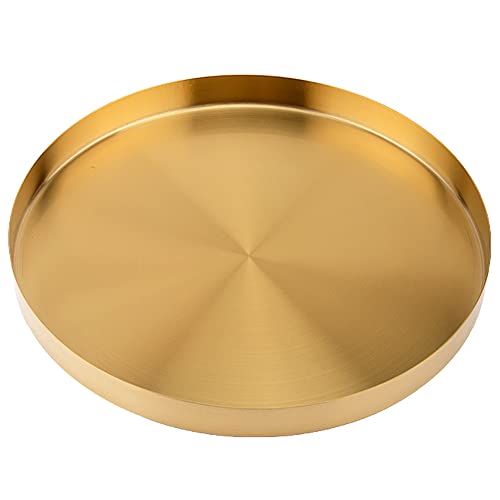 14 Inch Gold Round Metal Decorative Tray, Mirror Finish Golden Serving Tray Platter with 1” Wall, Brass Circle Table Tray Gorgeous Bar Tray Accents Dresser Perfume Bottle Tray for Display Exxacttorch