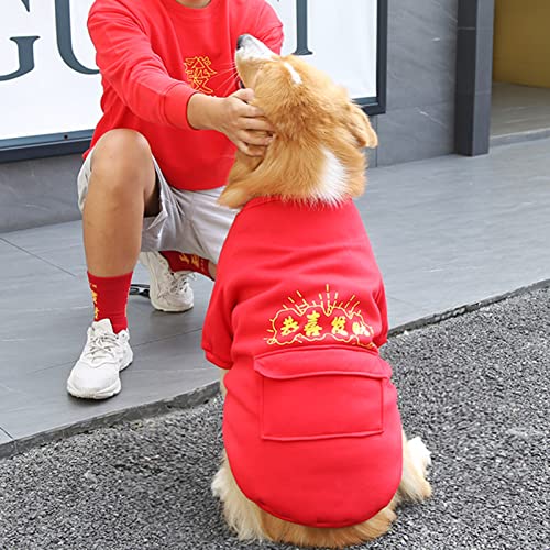 hionre Pet Red Pullover with Printed Chinese Characters Back Pocket Design Keep Warm Two-Legged Pet Dog Cat Sweater New Year Outfit Red 5XL