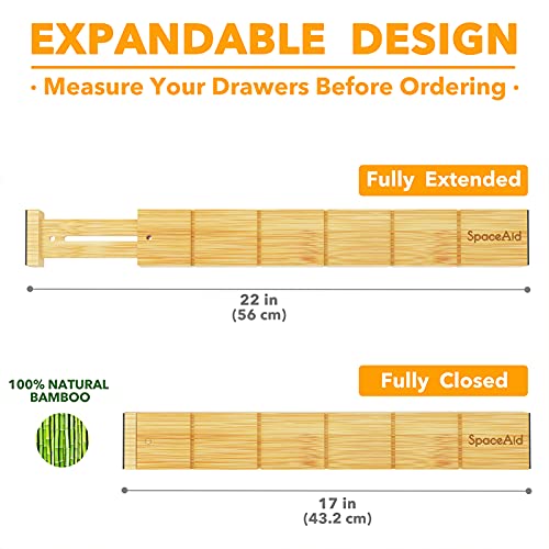 SpaceAid Bamboo Drawer Dividers with Inserts and Labels, 6 Dividers with 12 Inserts (17-22 in), 4 Dividers with 9 Inserts (17-22 in)