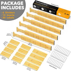 SpaceAid Bamboo Drawer Dividers with Inserts and Labels, 6 Dividers with 12 Inserts (17-22 in), 4 Dividers with 9 Inserts (17-22 in)