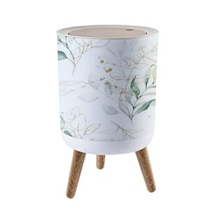 small round trash can watercolor floral botanical green gold leaves branches recycle bins with press top lid dog proof wastebasket for kitchen bathroom bedroom office 7l/1.8 gallon
