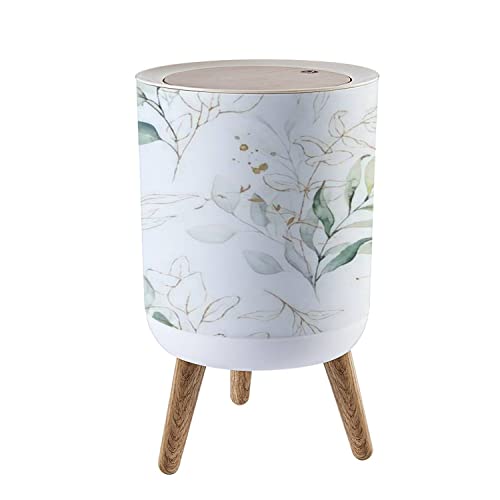 Small Round Trash Can Watercolor Floral Botanical Green Gold Leaves Branches Recycle Bins with Press Top Lid Dog Proof Wastebasket for Kitchen Bathroom Bedroom Office 7L/1.8 Gallon