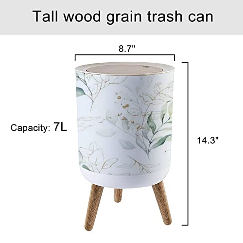 Small Round Trash Can Watercolor Floral Botanical Green Gold Leaves Branches Recycle Bins with Press Top Lid Dog Proof Wastebasket for Kitchen Bathroom Bedroom Office 7L/1.8 Gallon