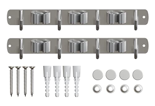 NATIKON Mop and Broom Holder Wall Mount with 3 Racks and 4 Hooks Stainless Steel Tool Organizer Storage Wall Mounted, 2 Pack