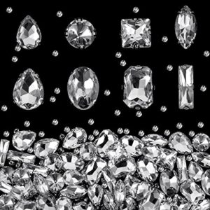 240 pieces large sew on rhinestones clear glass crystal gems diamond stone metal back prong setting crafts mix shapes claw for jewelry, clothes, shoes, costume (clear white)