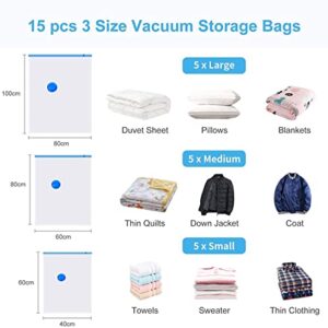 15 Packs Vacuum Storage Bags (5 Jumbo/5 Large/5 Small) - EWEIMA Space Saver Vacuum Storage Bags with Free Hand Pump, Compression Storage Bags for Clothes Comforters Blankets Beddings