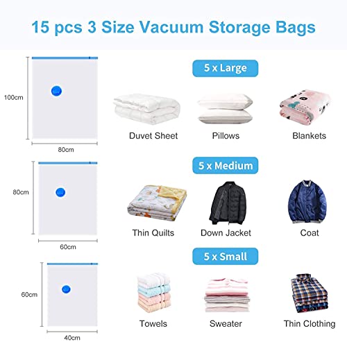 15 Packs Vacuum Storage Bags (5 Jumbo/5 Large/5 Small) - EWEIMA Space Saver Vacuum Storage Bags with Free Hand Pump, Compression Storage Bags for Clothes Comforters Blankets Beddings