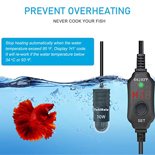 YukiHalu USB Powered Aquarium Heater, 10W/20W/30W Adjustable Mini Fish Tank Heater with External Temperature Controller, LED Display, Used for 0.5-1 Gallon Tank (10W USB)