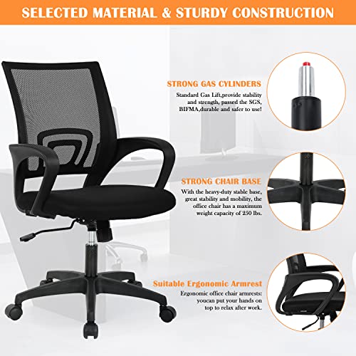 Mesh Computer Chair Home Office Chair Ergonomic Desk Chair with Lumbar Support& Armrest, Adjustable Mid Back Task Chair Rolling Swivel Executive Chairs for Adults, Black