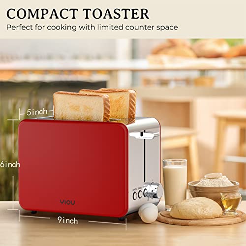 YIOU Toaster 2 Slice with Stainless Steel,1.5 Inch Extra Wide Slots，6 Browning Settings, Bagel Toaster with Reheat Defrost Cancel Function Removable Crumb Tray Easy Cleaning T2S-Metal Red
