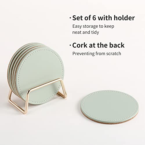 CASEGRACE Drink Coasters with Metal Holder Stand Set of 6, PU Leather Absorbent Coasters with Cork Base Table Coaster Set Decorative Coffee Cup Coasters Housewarming Gift for Home Decor