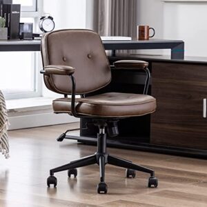 DUOMAY Retro PU Leather Office Computer Desk Chair with Armrest, Modern Mid Back Swivel Task Chair Rolling Adjustable Office Guest Chair for Home Office, Brown