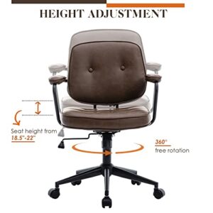 DUOMAY Retro PU Leather Office Computer Desk Chair with Armrest, Modern Mid Back Swivel Task Chair Rolling Adjustable Office Guest Chair for Home Office, Brown