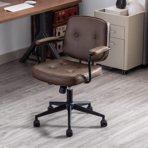 DUOMAY Retro PU Leather Office Computer Desk Chair with Armrest, Modern Mid Back Swivel Task Chair Rolling Adjustable Office Guest Chair for Home Office, Brown