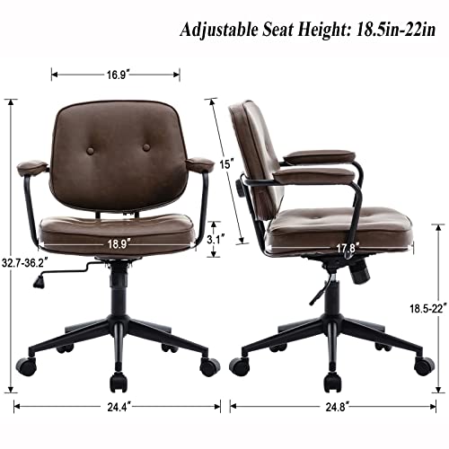 DUOMAY Retro PU Leather Office Computer Desk Chair with Armrest, Modern Mid Back Swivel Task Chair Rolling Adjustable Office Guest Chair for Home Office, Brown