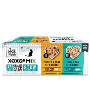 i and love and you" xoxos canned wet cat food, chicken and tuna/tuna and egg stew, grain free, real meat, no fillers, 3 oz cans, pack of 12 cans