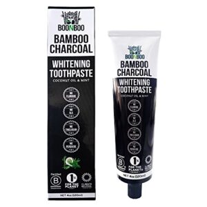 boonboo bamboo charcoal toothpaste | 4oz / 120ml | mint flavor | aluminum tube with bioplastic cap | 100% plastic-free and recyclable | charcoal paste for teeth cleaning and whitening