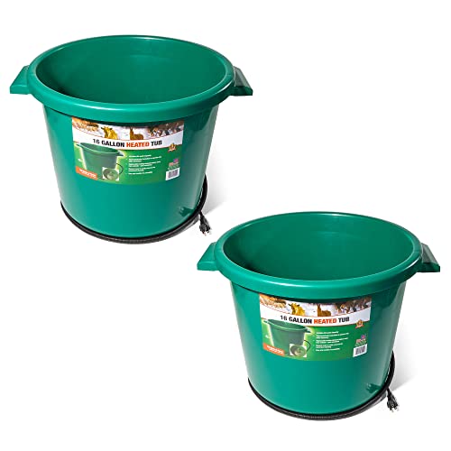 Farm Innovators HT-200 16 Gallon Plastic Heated Livestock Pet Farm Animal Water Bucket Tub with Hidden De-Icer Heating Element, Green (2 Pack)