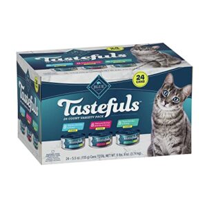 blue buffalo tastefuls natural flaked wet cat food variety pack, tuna, chicken and fish & shrimp entrées in gravy 5.5-oz cans (24 count - 8 of each)