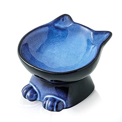 Nihow Slanted Elevated Cat Bowls: 5 Inch Ceramic Raised Cat Food Bowl for Protecting Pet's Spine - Microwave & Dishwasher Safe -Elegant Blue & Black (4.5 OZ /1 PC)