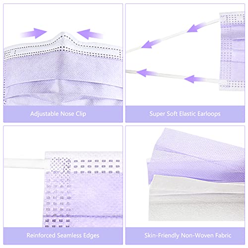 akgk Disposable Face Masks 100Pcs, 3 Layer Protective Face Mask Purple Face Masks