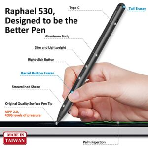 RENAISSER Stylus Pen for Surface, First Soft Tail & Barrel Dual Eraser, USB-C Charging, Made in Taiwan, 4096 Pressure Sensitivity, Compatible with Surface Pro 8/7/Laptop Studio/Go 3/Duo 2, Raphael 530