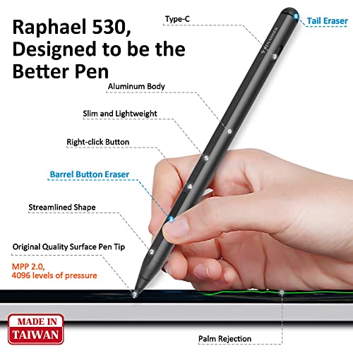 RENAISSER Stylus Pen for Surface, First Soft Tail & Barrel Dual Eraser, USB-C Charging, Made in Taiwan, 4096 Pressure Sensitivity, Compatible with Surface Pro 8/7/Laptop Studio/Go 3/Duo 2, Raphael 530