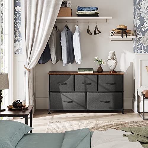 WLIVE 1 Drawer Nightand with Shelf, 5-Drawer Dresser Set, Fabric Storage Tower for Bedroom, Hallway, Nursery, Closets, Tall Chest Organizer Unit with Textured Print Fabric Bins, Steel Frame, Wood Top