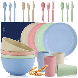 wheat straw dinnerware sets(24 pcs),unbreakable dinnerware set for 4,microwave & dishwasher safe dinnerware,kids plates and bowls sets,lightweight & unbreakable reusable dishes,camping dish set