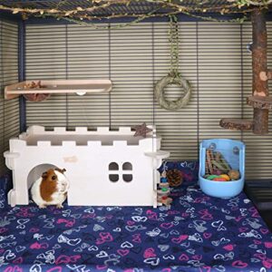 Castle Chinchilla House - Small Animal Hideout for Chinchilla Guinea Pig Hedgehog, or Rat - Ventilated Wooden Guinea Pig Hut Habitat with Multiple Doors (Large)