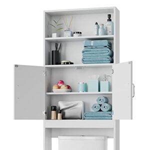 HOSTACK Over The Toilet Storage, Double Door Bathroom Organizer Toilet Cabinet, Freestanding Above Toilet Rack with Open Shelves and Adjustable Bottom Bar, 76.8 in H, White