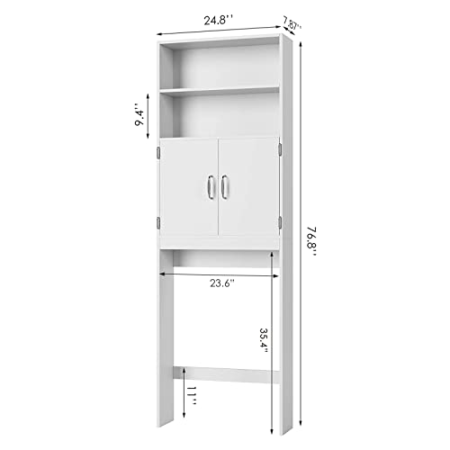 HOSTACK Over The Toilet Storage, Double Door Bathroom Organizer Toilet Cabinet, Freestanding Above Toilet Rack with Open Shelves and Adjustable Bottom Bar, 76.8 in H, White