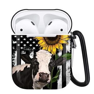 flag sunflower cow airpods case compatiable with airpods 1 & 2 - airpods cover with key chain, full protective durable shockproof personalize wireless headphone case