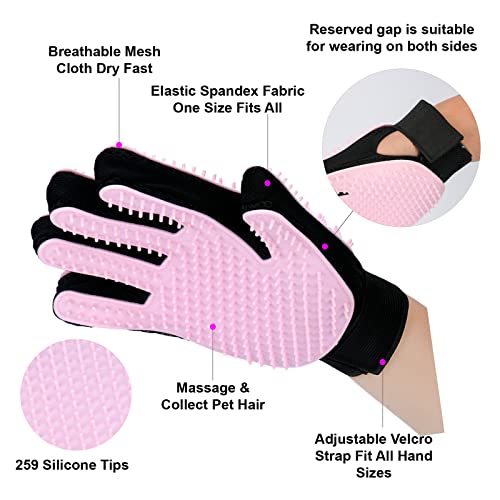 miaow Pet Grooming Glove,Five Fingers with 259 Silicone Needles,Effective in Removing Pet Floating Hair, Glove Size fits All,Double-Side Pet Grooming Design, can be Worn on Both Hands-1 Piece,Pink.