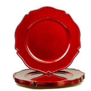 Umisriro Hot Red scalloped charger plates with beaded rim,13 inch plastic dinner chargers for wedding and party table settings, Glossy Finish (set of 6)