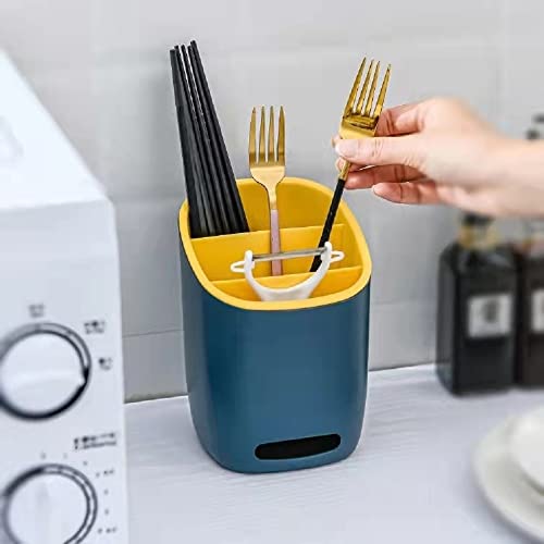 Hacaroa 2 Pack Plastic Kitchen Utensil Holder Cultery Drainer Caddy, 3 Divided Silverware Holder Drying Utensil Crock, Sink Countertop Flatware Organizer for Spoons, Forks, Knives, 2 Colors