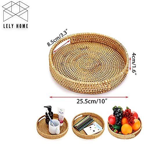 LELY HOME Round Rattan Woven Serving Tray w/ Handles, Home Table Decor Ottoman Tray for Breakfast Table, Dinner tray tables and Wooden Serving Trays