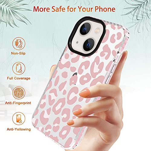 ZIYE Clear Case for iPhone 13 Cover Pink Leopard Design Shockproof Soft TPU Bumper Protective Phone Case for Women Girls Girly Pink Case for iPhone 13 6.1 inch