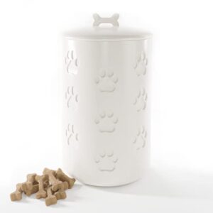 dog treat container airtight - 5" round x 9" tall ceramic dog treat jar with lid - white dog treat canister - large dog cookie jar for dogs - pet treat container airtight - dog treat jars for pets