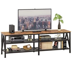 furologee tv stand for 65 70 inch tv, long 63" tv media console table, industrial entertainment center with 3-tier storage shelves for living room, bedroom, rustic brown
