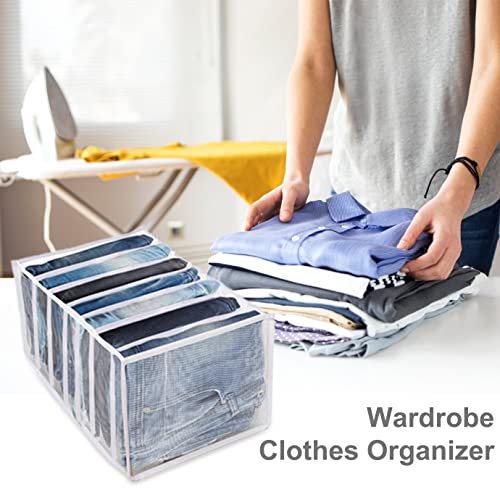 WXJ13 3 PCS Wardrobe Clothes Organizer Jeans Compartment Storage Box 7 Grids Folding Clothes Drawer Mesh Separation Organizer Washable Storage Containers Bedroom Closet for T-shirt Jeans, White