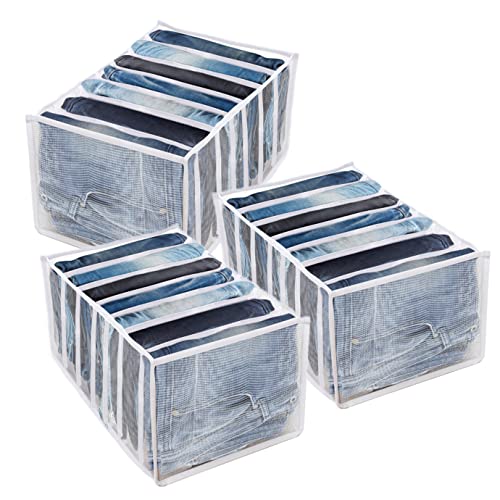 WXJ13 3 PCS Wardrobe Clothes Organizer Jeans Compartment Storage Box 7 Grids Folding Clothes Drawer Mesh Separation Organizer Washable Storage Containers Bedroom Closet for T-shirt Jeans, White