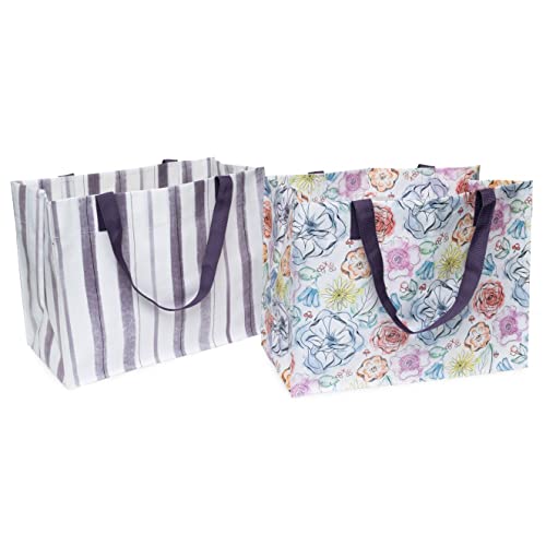 Reusable Tote Bag - 2 Pack Market Tote, Large Durable Water Resistant Fabric Bags with Handles, Cute Floral and Striped Prints for Shopping, Groceries, Market, Beach, Events, Travel - 17x9.25x13