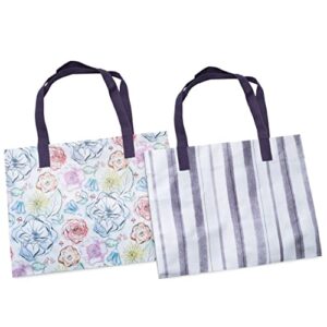 Reusable Tote Bag - 2 Pack Market Tote, Large Durable Water Resistant Fabric Bags with Handles, Cute Floral and Striped Prints for Shopping, Groceries, Market, Beach, Events, Travel - 17x9.25x13