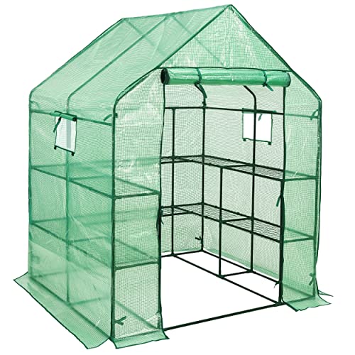 Mini Walk-in Greenhouse for Outdoors, 3 Tiers 8 Shelves, 57x61x80 Inch with Observation Windows and Roll-up Door Zipper, Plant Garden Hot House for Plants, Herbs, Flowers