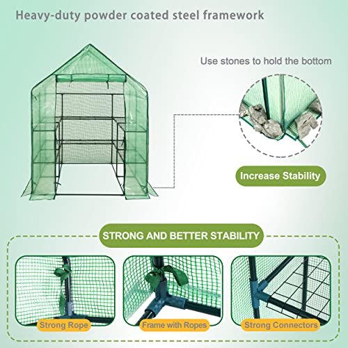 Mini Walk-in Greenhouse for Outdoors, 3 Tiers 8 Shelves, 57x61x80 Inch with Observation Windows and Roll-up Door Zipper, Plant Garden Hot House for Plants, Herbs, Flowers